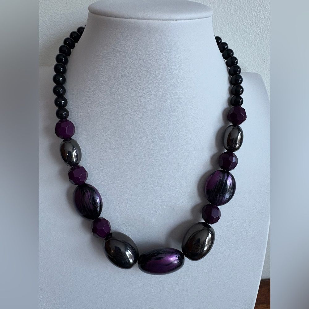 Purple & Black Beaded Necklace 18”